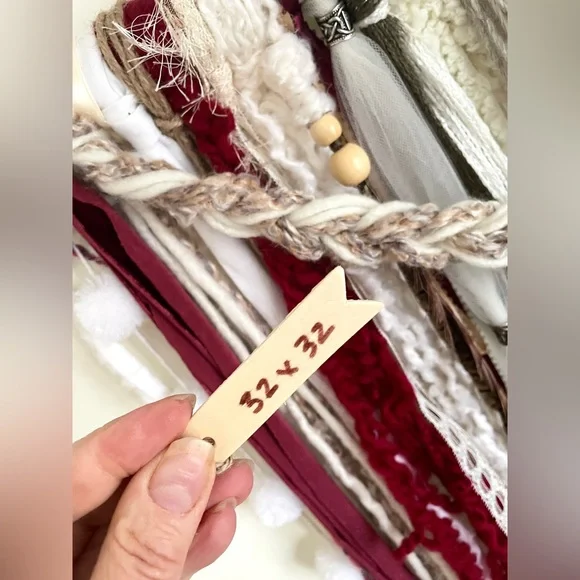 Boho Fiber Art Wall Hanging Macrame Ecru Red Brown Handcrafted Mixed Media Decor - Picture 5 of 7